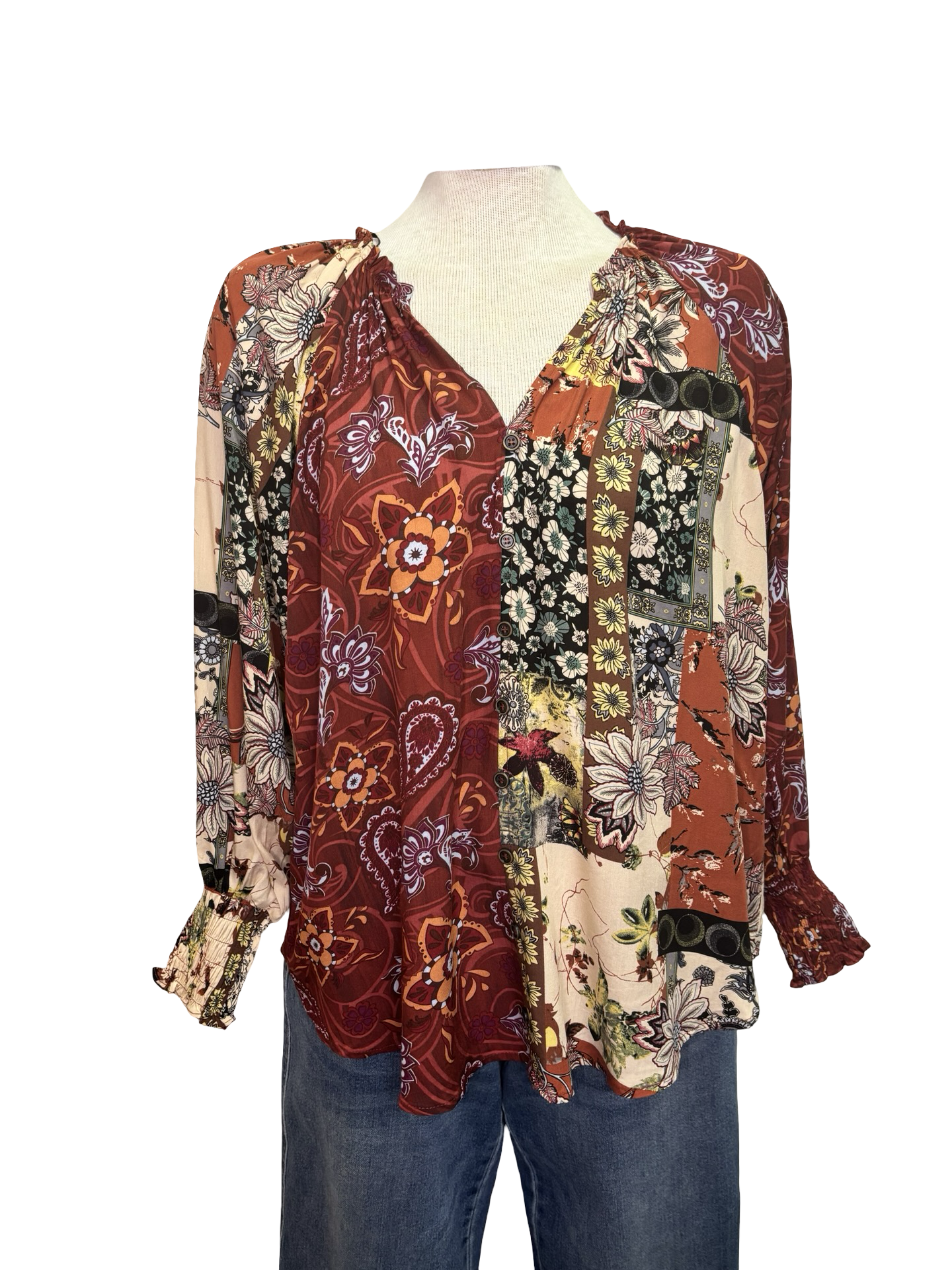 Mixed Print Long Sleeve Top Marsala