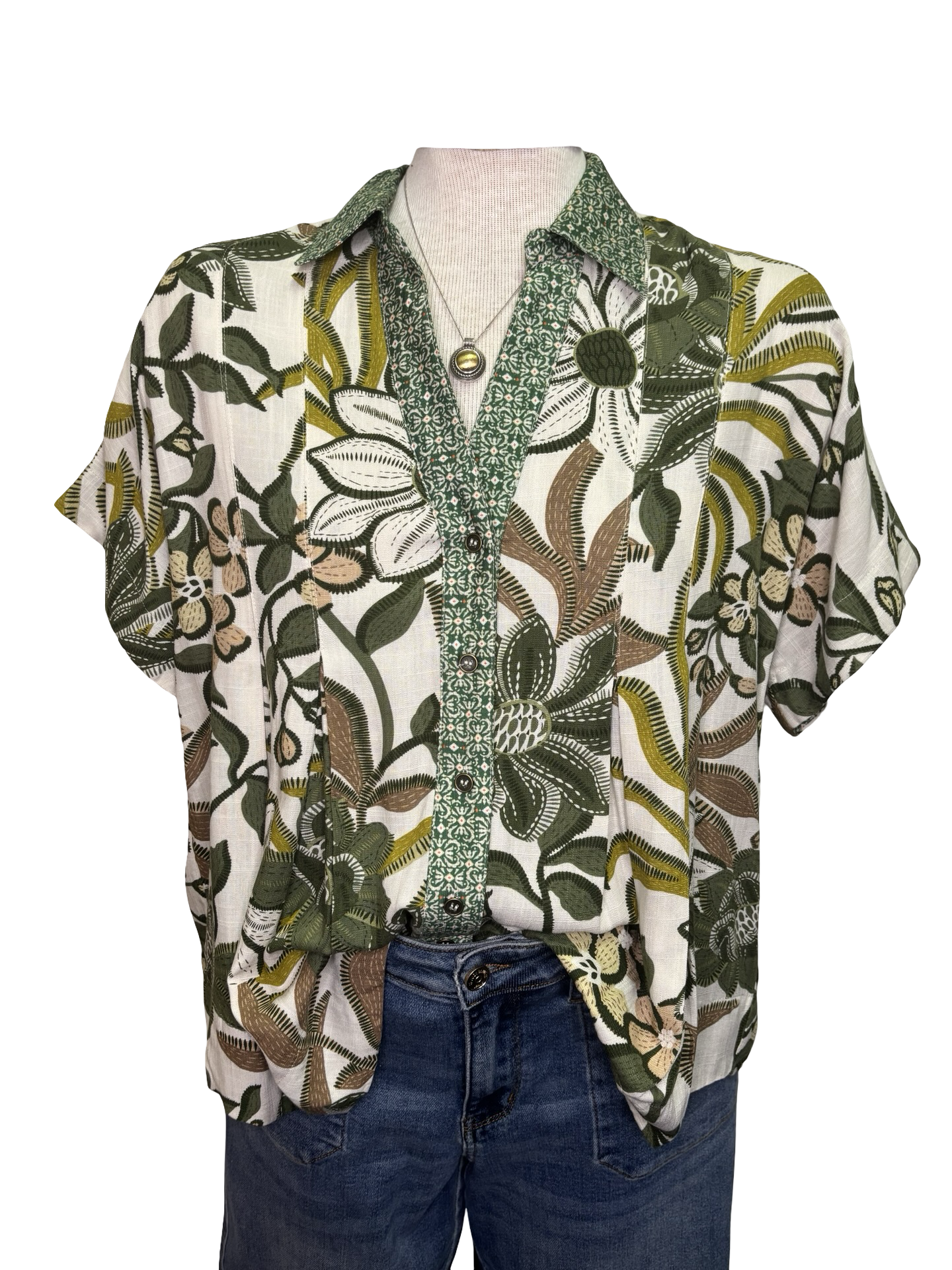 Pleat Detailed Button Down Top Olive Mix