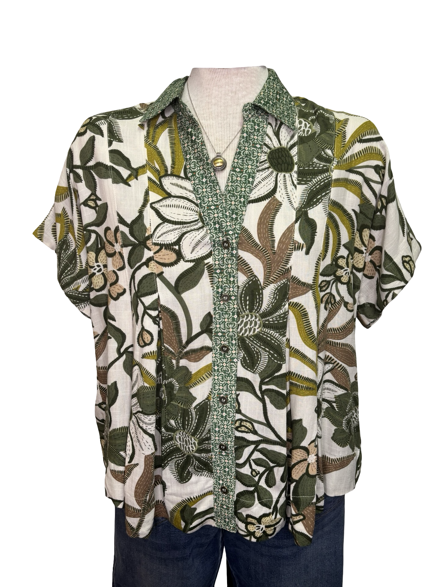 Pleat Detailed Button Down Top Olive Mix