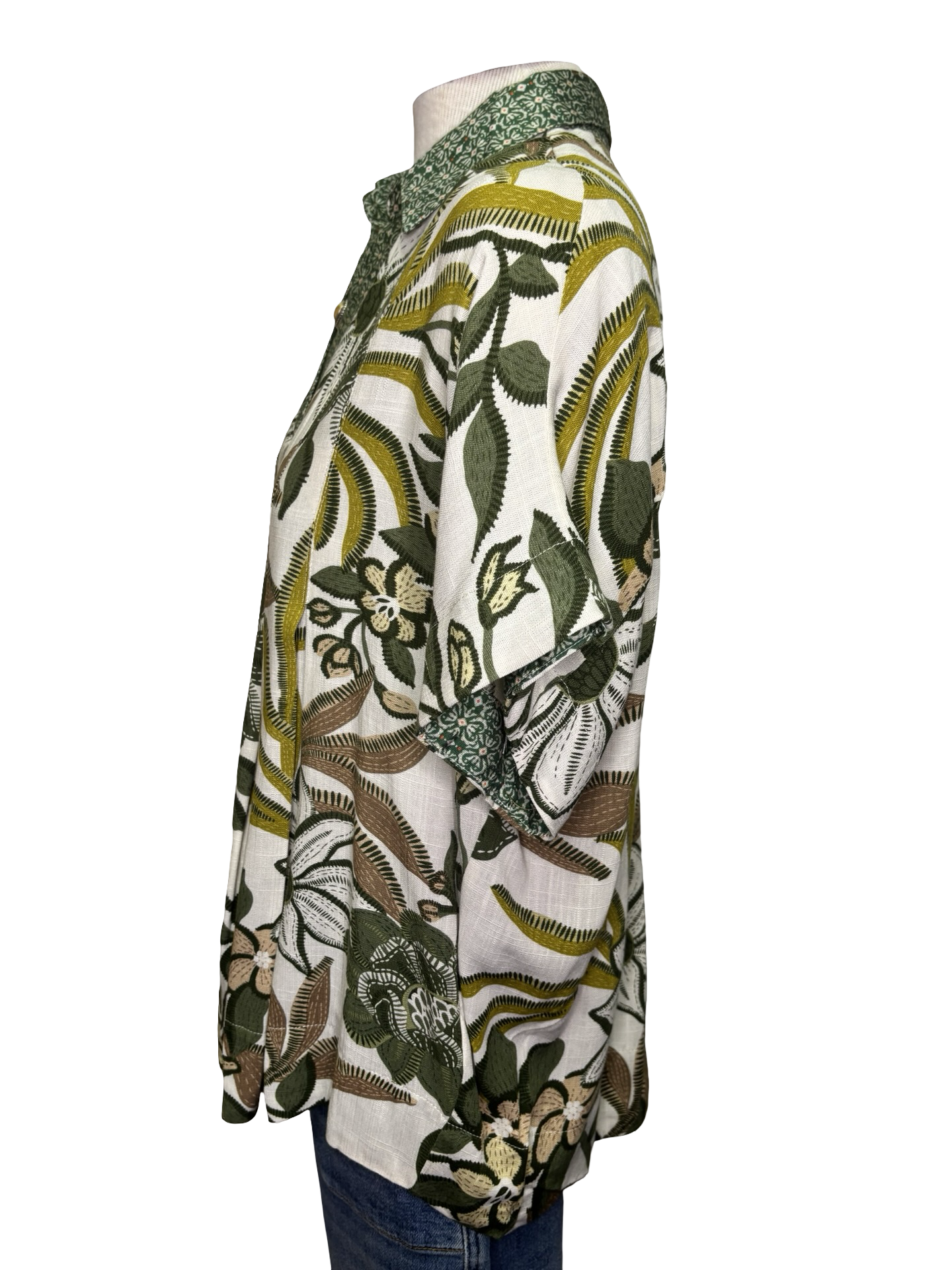Pleat Detailed Button Down Top Olive Mix