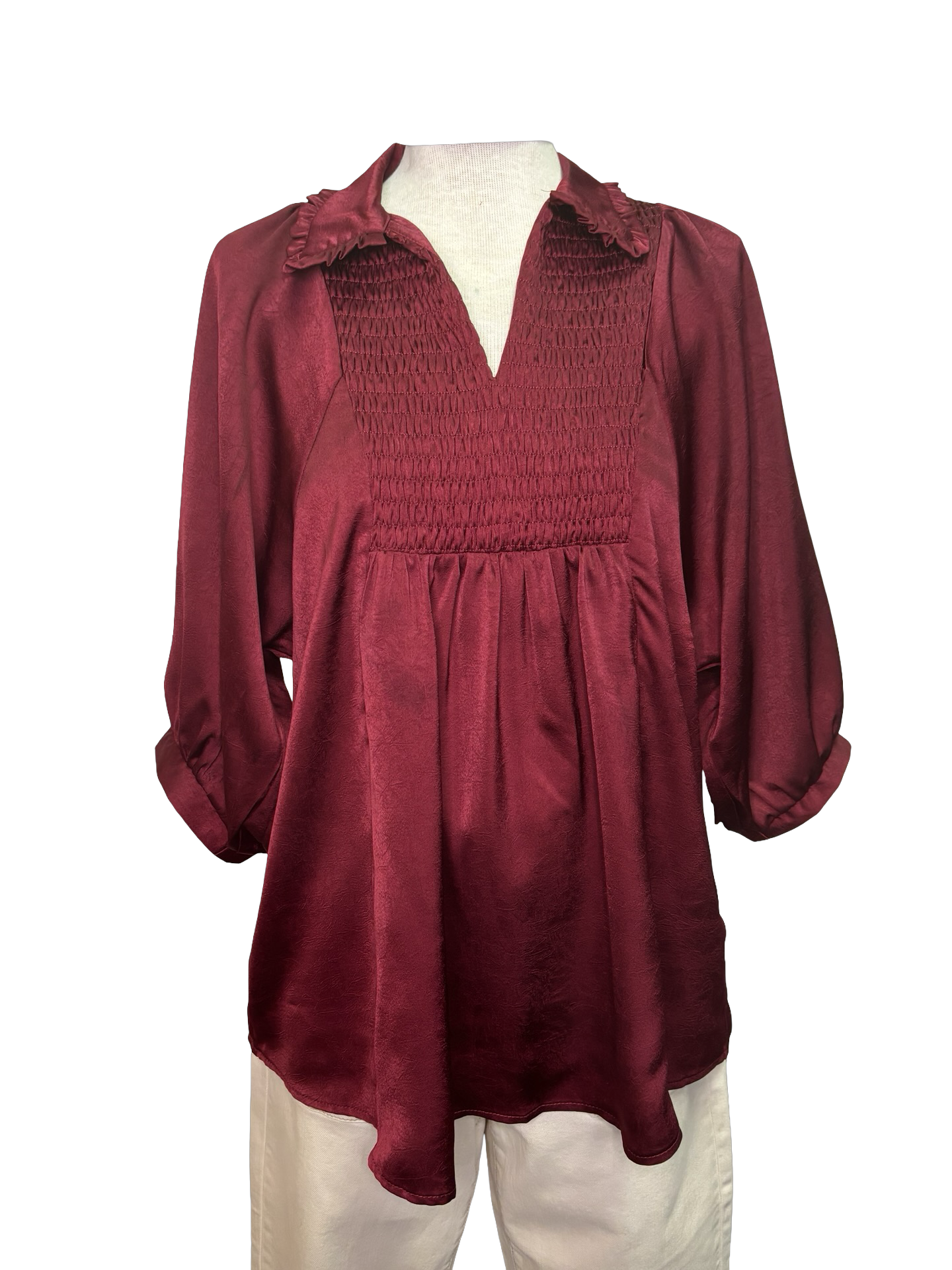 Satin V Neck Blouse Burgundy