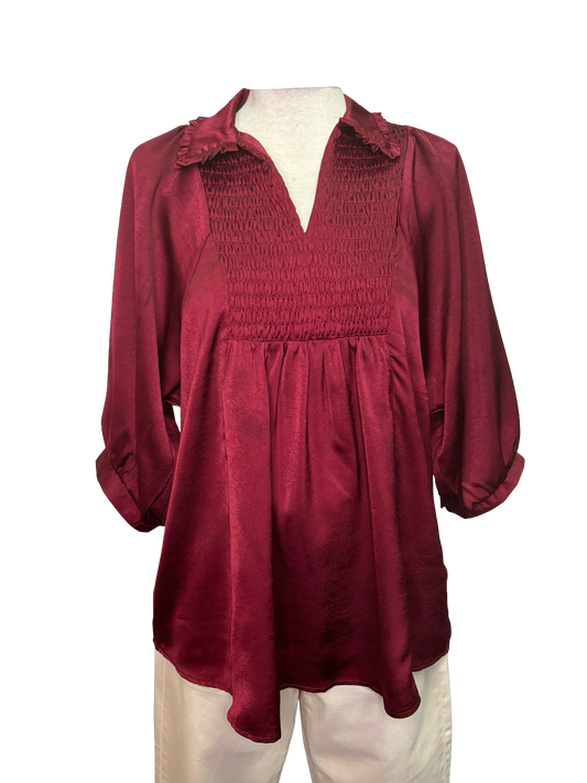 Satin V Neck Blouse Burgundy
