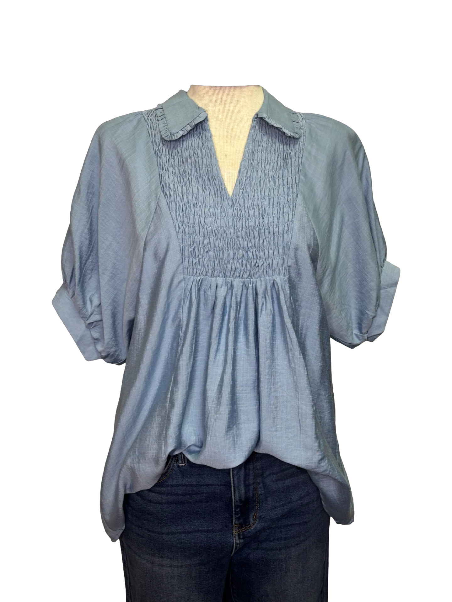 Smocked Puff Sleeve Top Lt Denim