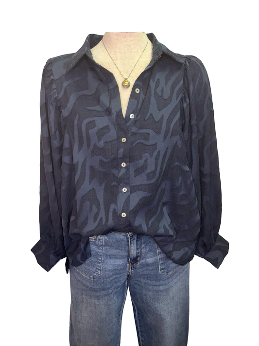 Button Down Textured Top Navy