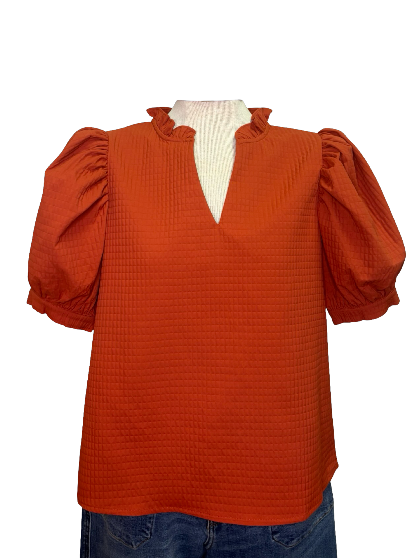 Ruffle V Neck Puff Sleeve Top Rust