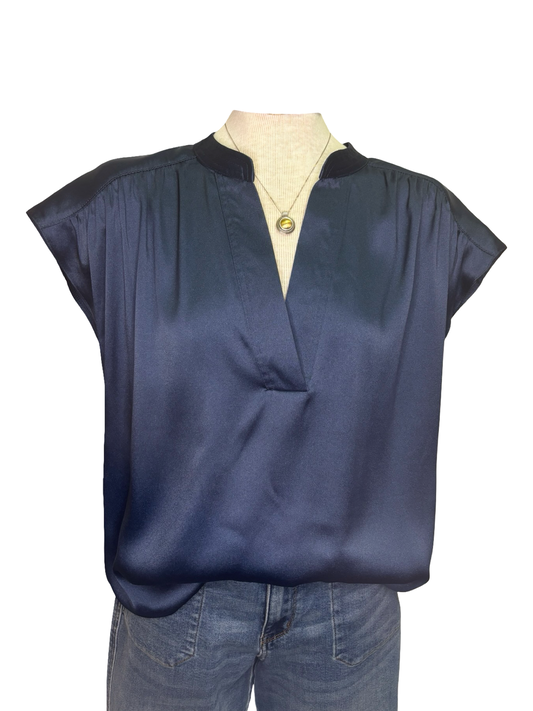 V Neck Drop Satin Blouse Navy