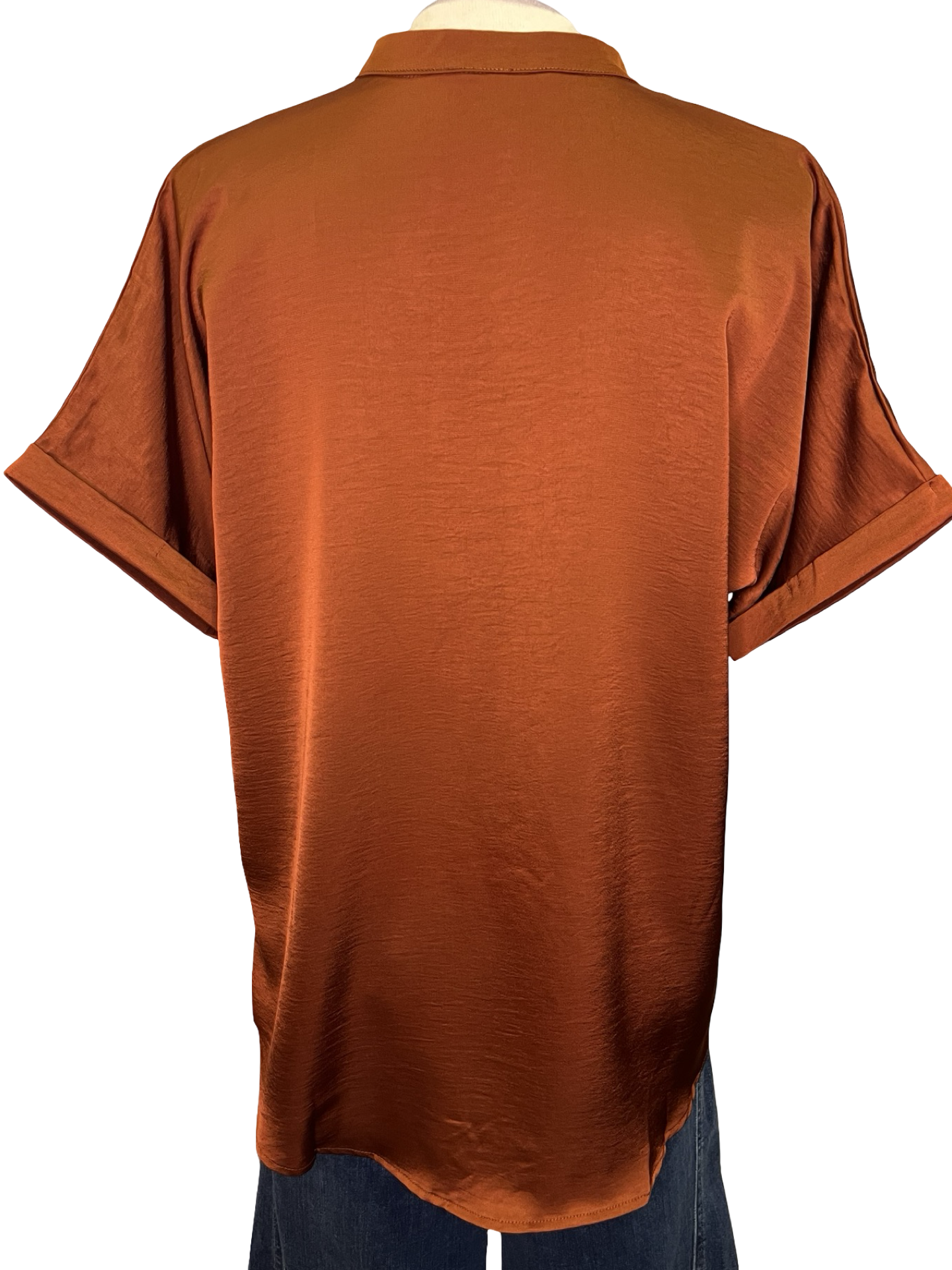 V Neck Placket Cuffs Sleeve Top Rust