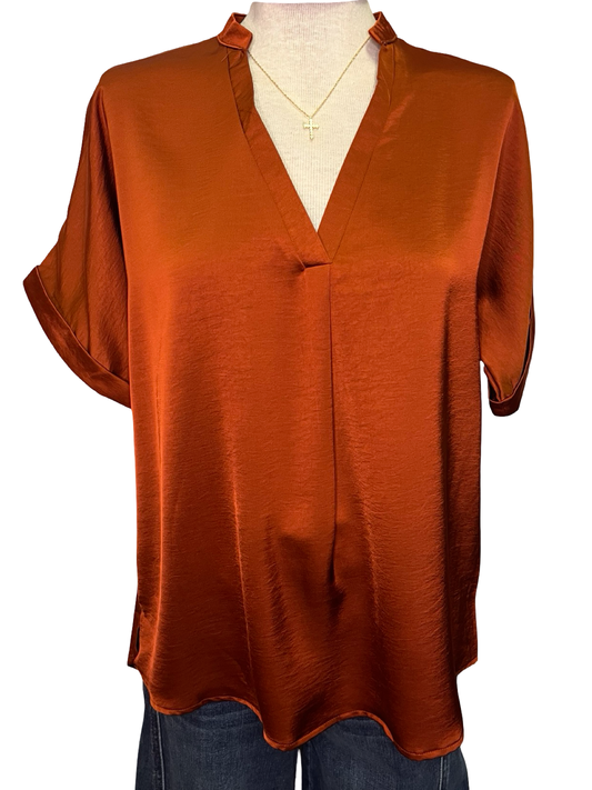 V Neck Placket Cuffs Sleeve Top Rust