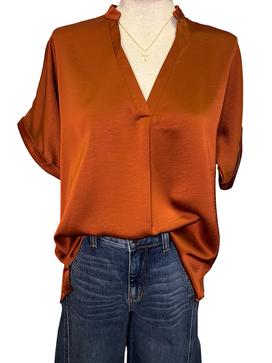 V Neck Placket Cuffs Sleeve Top Rust