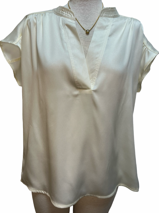 V Neckline Cap Sleeve Top Cream