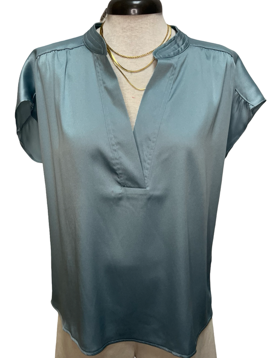 V Neckline Cap Sleeve Top Dusty Blue