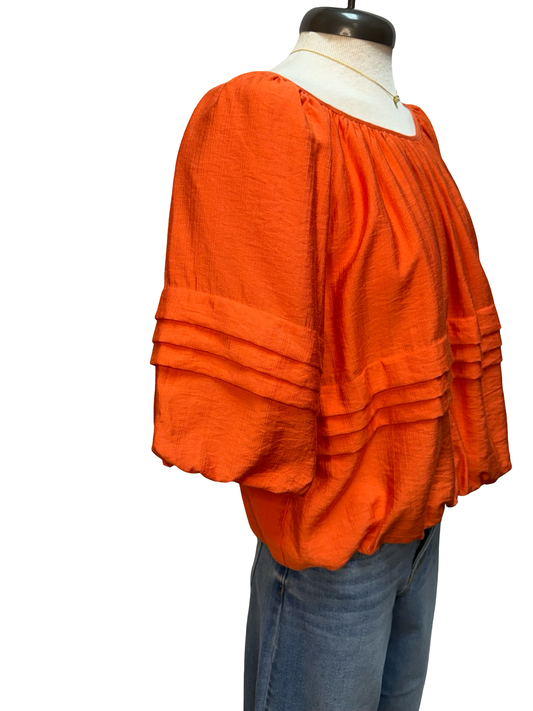 Half Puff Sleeve Pleated Round Neck Top Orange
