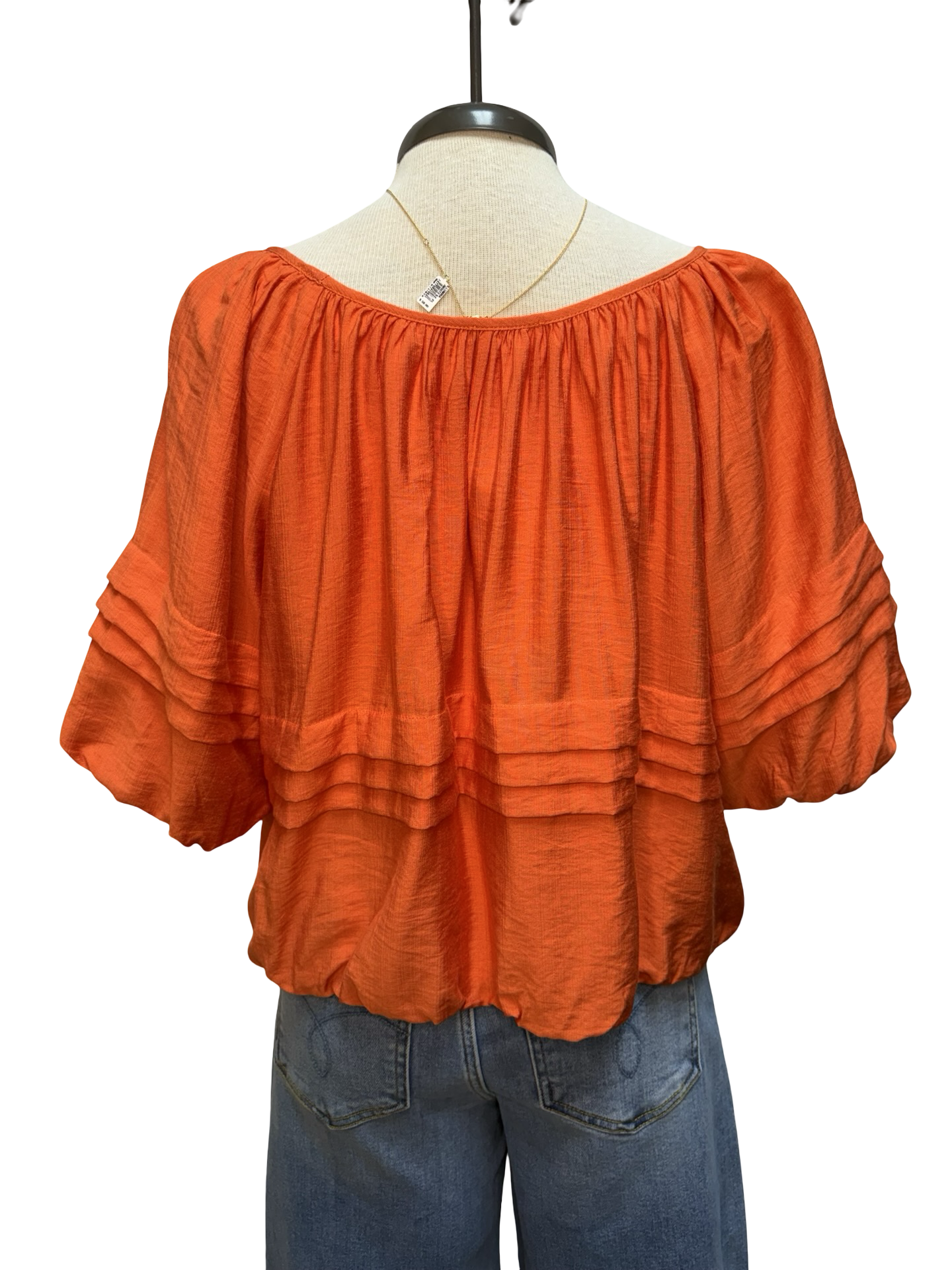 Half Puff Sleeve Pleated Round Neck Top Orange