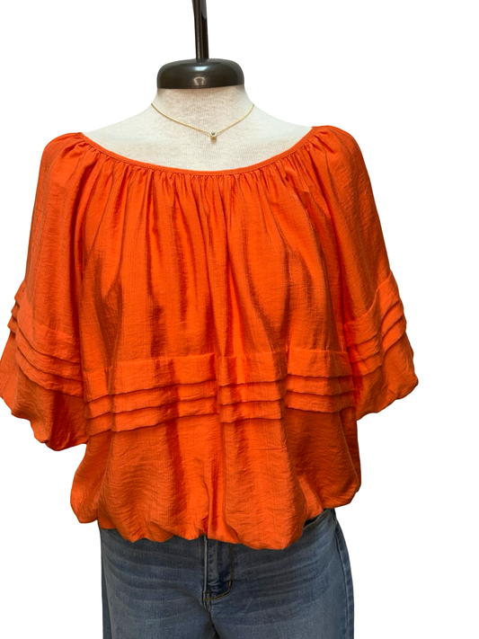Half Puff Sleeve Pleated Round Neck Top Orange