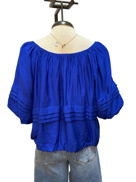 Half Puff Sleeve Pleated Round Neck Top Blue
