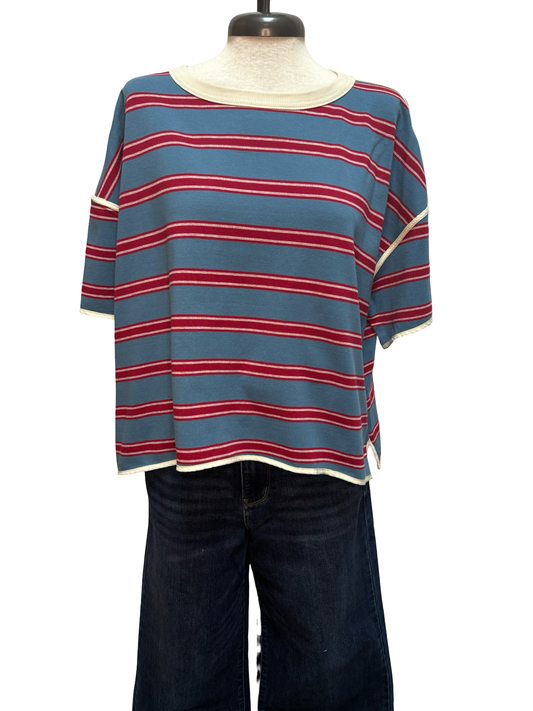 Soft Washed Striped Boxy Top Bubblegum Blue