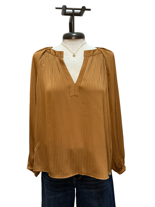 Split Neck Long Sleeve Blouse Apple Cider