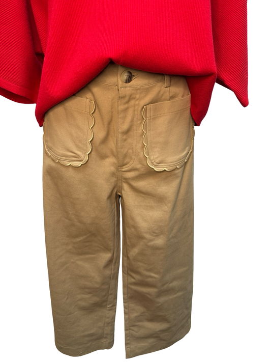 Wide Leg Scallop Accented Pant Camel