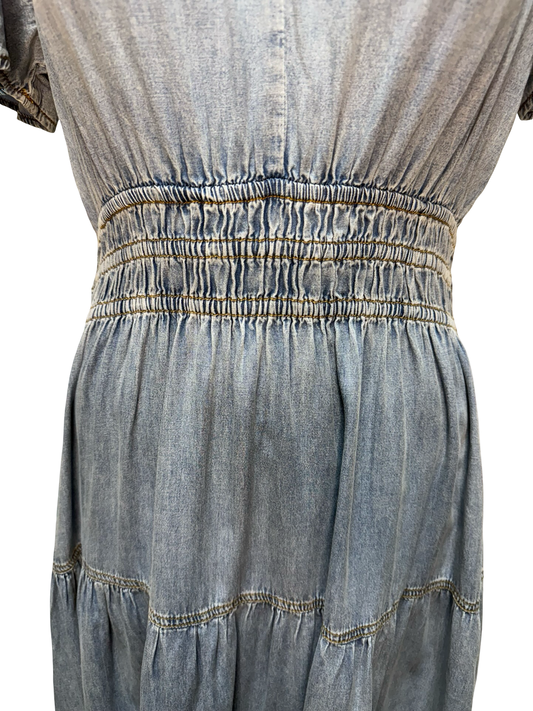 Snow Washed Smocked V-Neck Chambray Dress