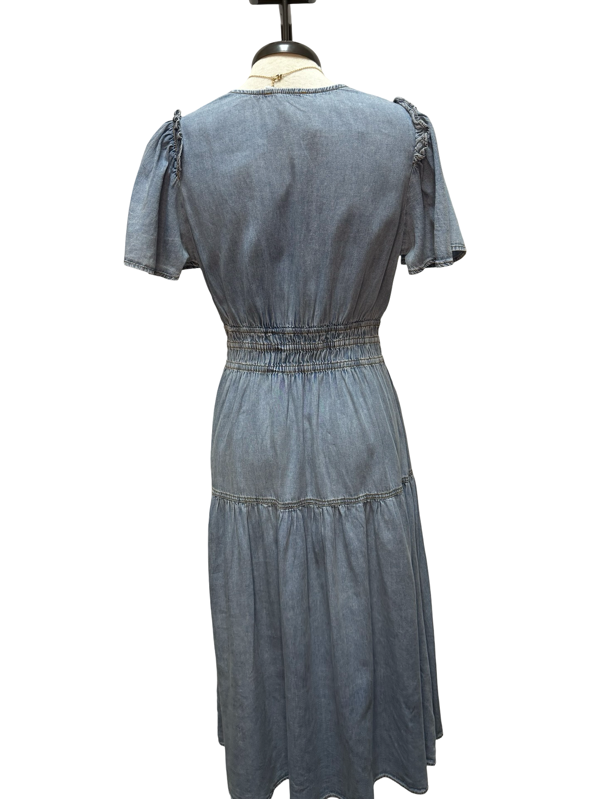 Snow Washed Smocked V-Neck Chambray Dress