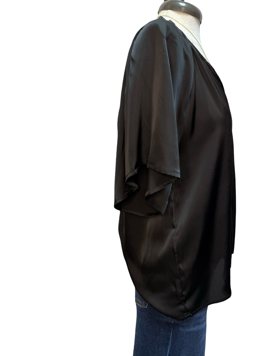 Pleated Notch Neck Short Sleeve Top Black