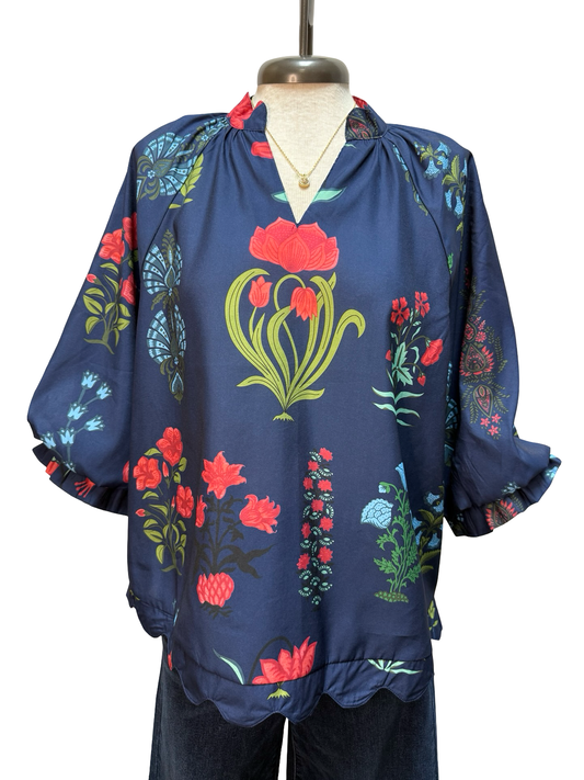 Scalloped Edge V Neck Balloon Sleeve Blouse Navy Mix