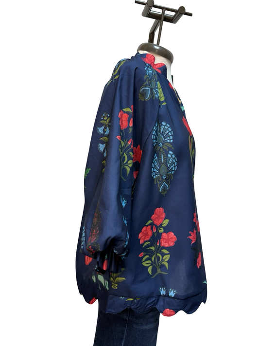 Scalloped Edge V Neck Balloon Sleeve Blouse Navy Mix