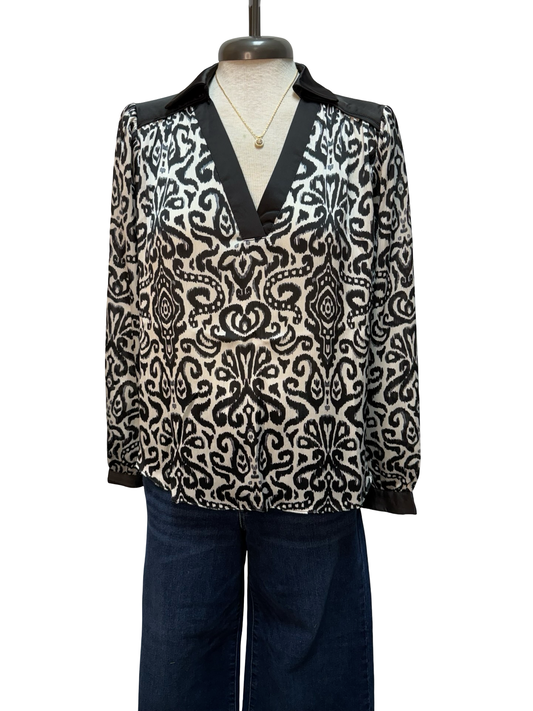 Contrast Pattern Long Sleeve Blouse Black
