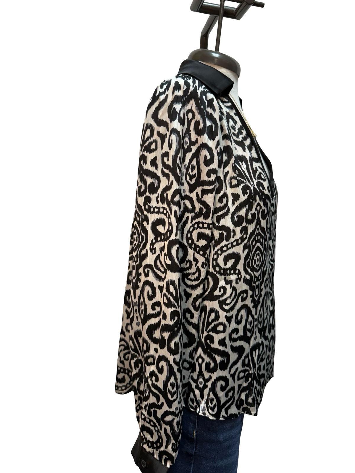 Contrast Pattern Long Sleeve Blouse Black