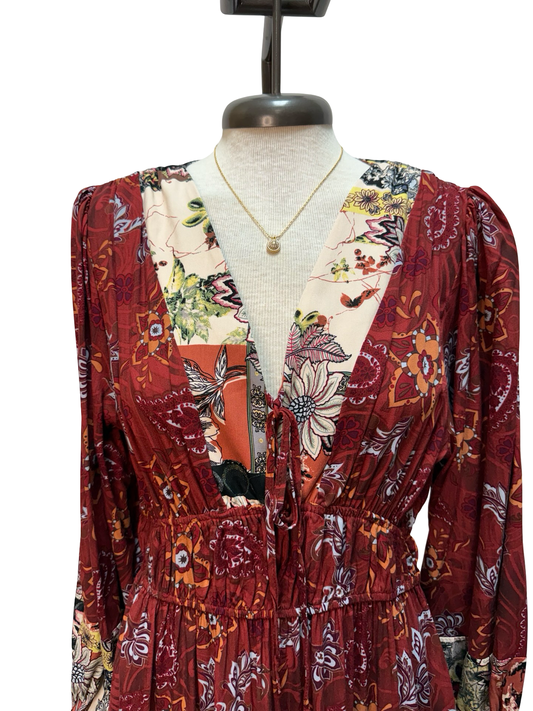 Mixed Print Front Tie Maxi Dress Marsala