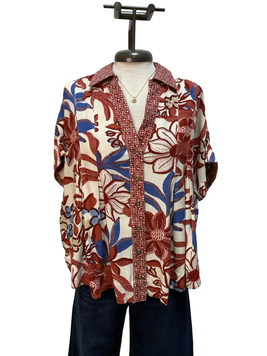 Mixed Print Button Down Blouse Crimson Mix