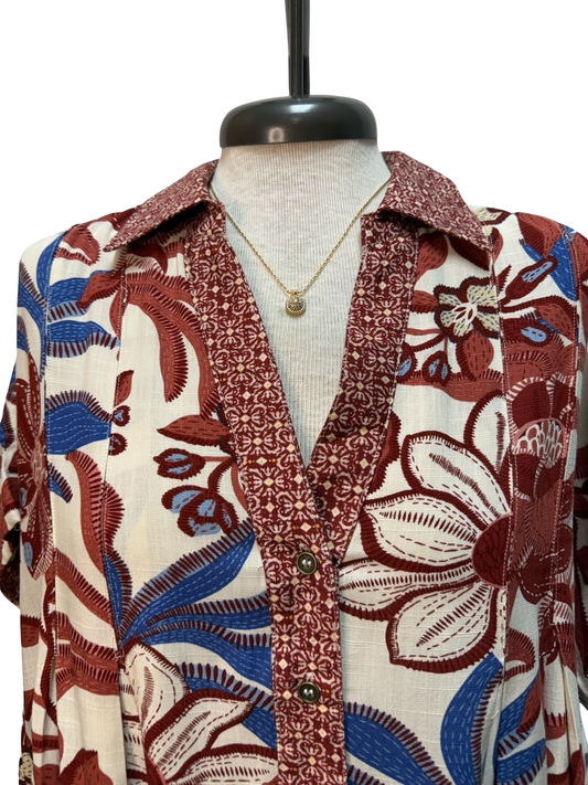Mixed Print Button Down Blouse Crimson Mix