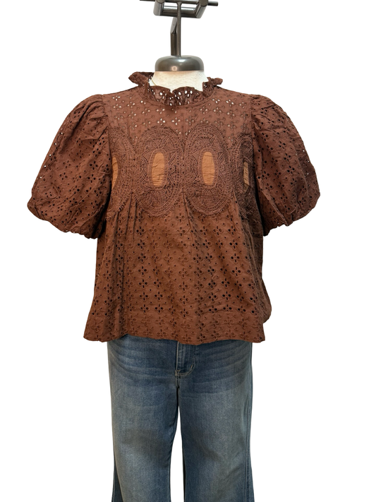 Eyelet Detail Crochet Trim Top Brown