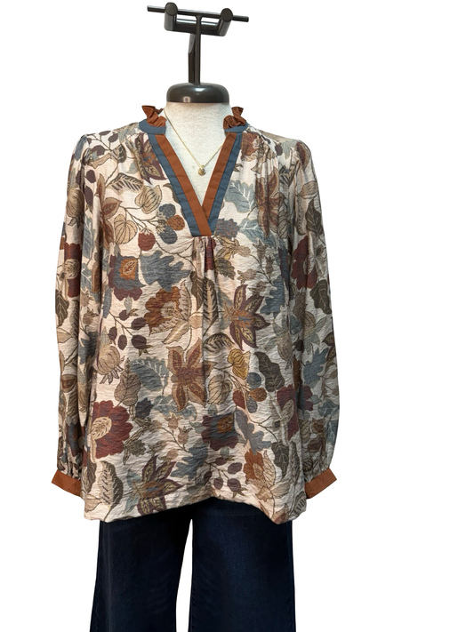 Floral Contrast Trim Long Sleeve Top Rust Mix