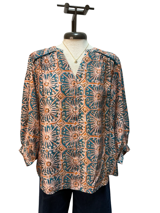 Abstract Print Button Front Blouse Blue