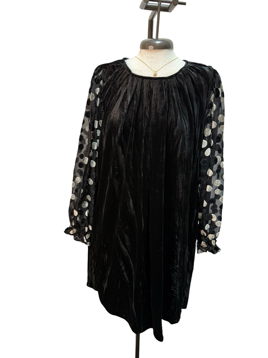 Velvet Polka Dot Sheer Sleeve Dress Black