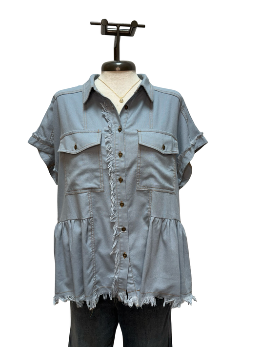 Linen Button Up Frayed Hem Top Lt Denim