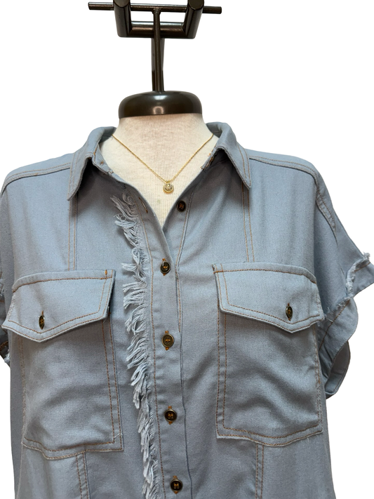 Linen Button Up Frayed Hem Top Lt Denim