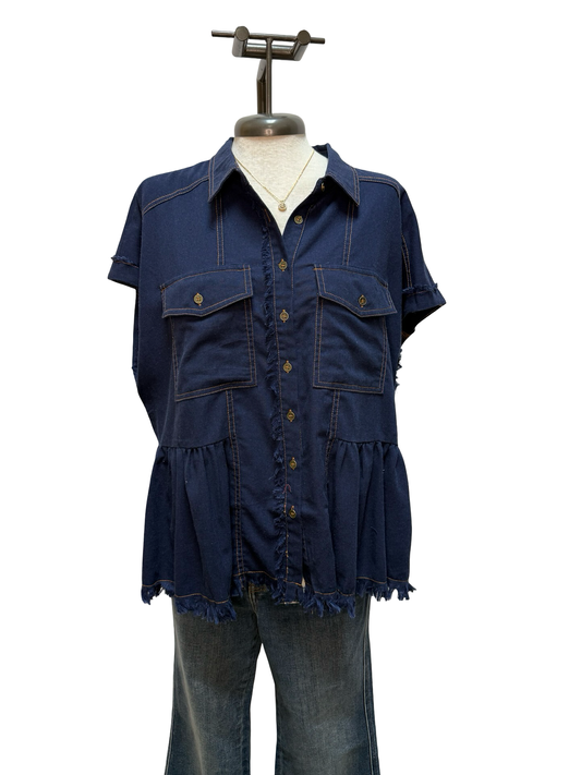 Linen Button Up Frayed Hem Top Navy Blue