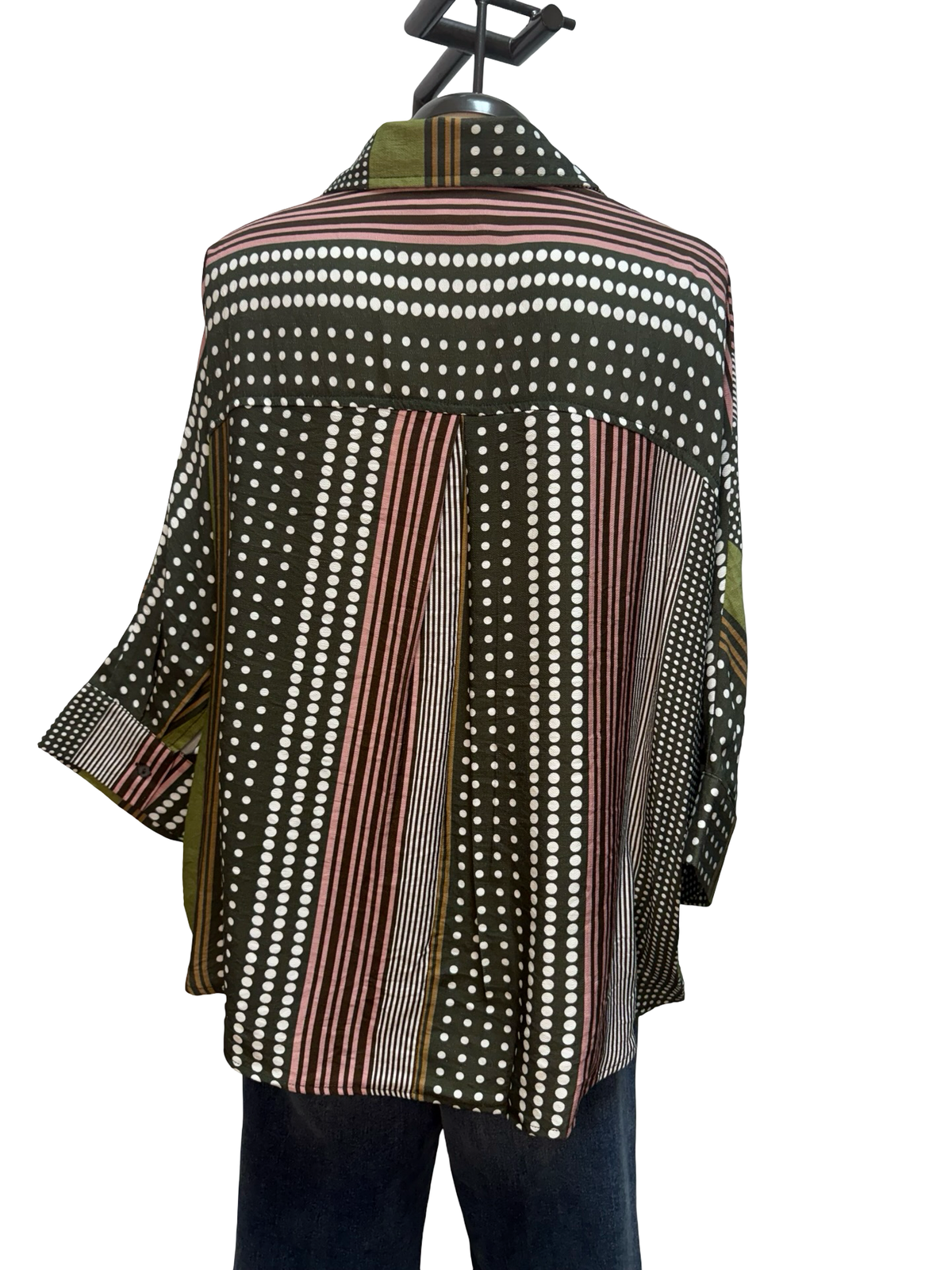 Stripe & Polka Dot Print Button Up Top Olive