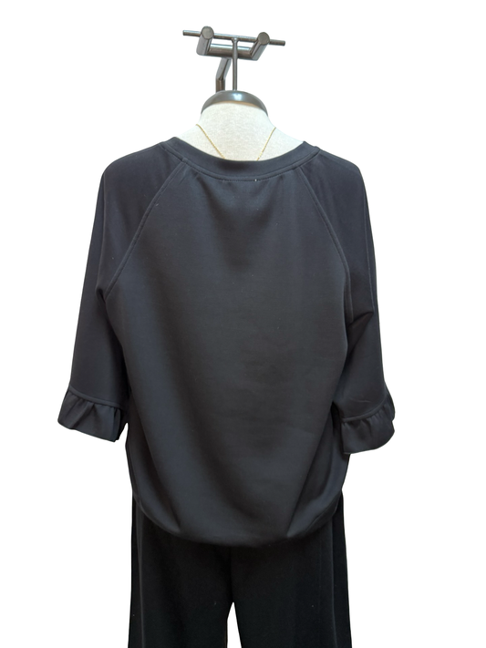 Luxeknit Round Neck Ruffle Sleeve Top Black