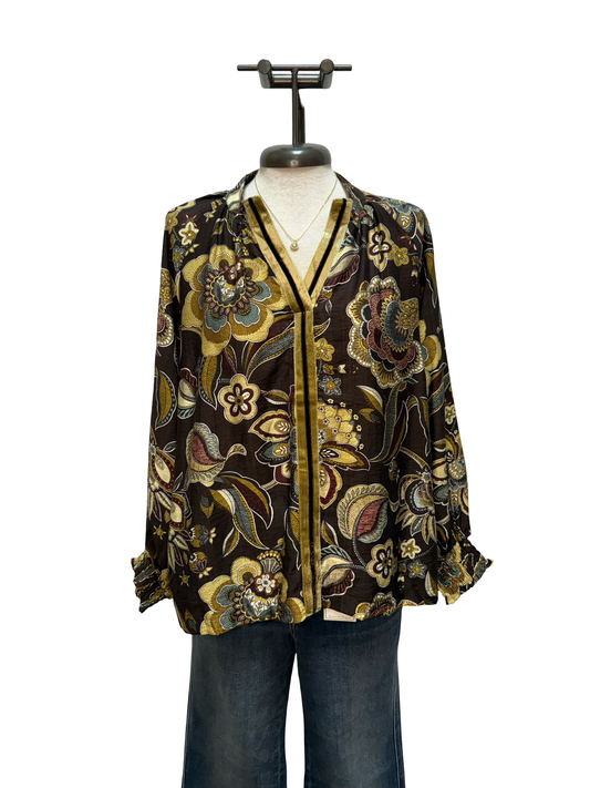 Floral Print Long Sleeve Blouse Brown