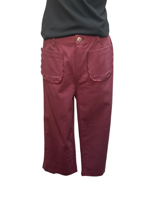 Wide Leg Scallop Accented Pant Burgundy