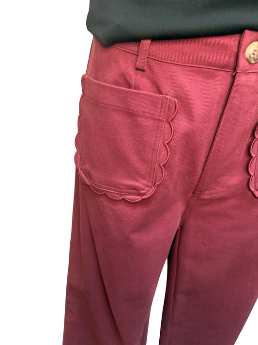 Wide Leg Scallop Accented Pant Burgundy