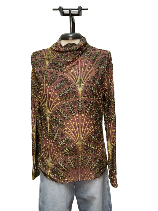 Metallic Botanical Mock Neck Knit Top Mauve