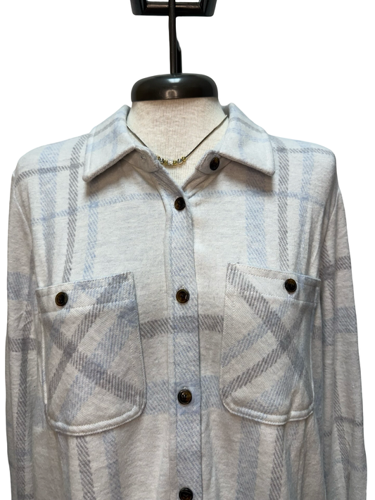 White, Gray, & Light Blue Plaid Button Up