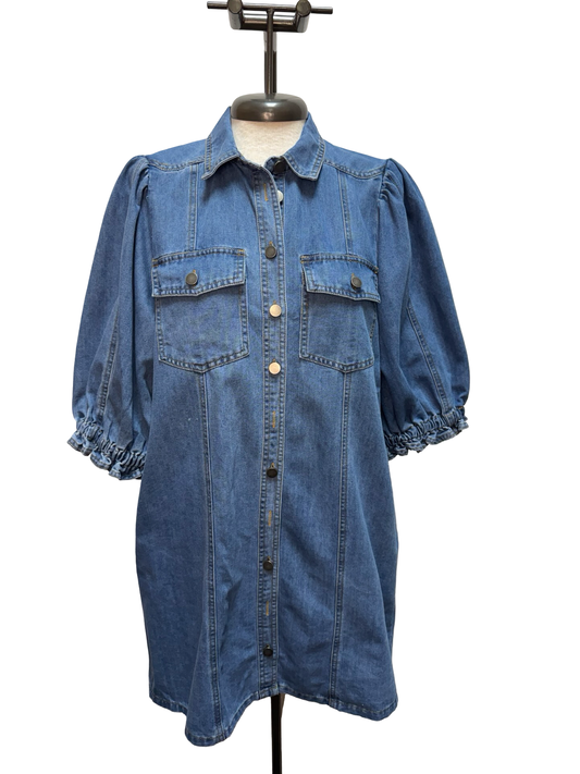 Button Down Puff Sleeve Denim Mini Dress