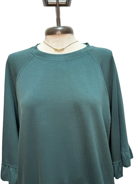 Luxeknit Round Neck Ruffle Sleeve Top Forest Green