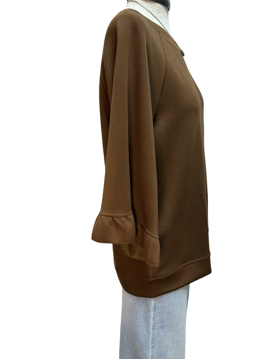 Luxeknit Round Neck Ruffle Sleeve Top Coco Brown