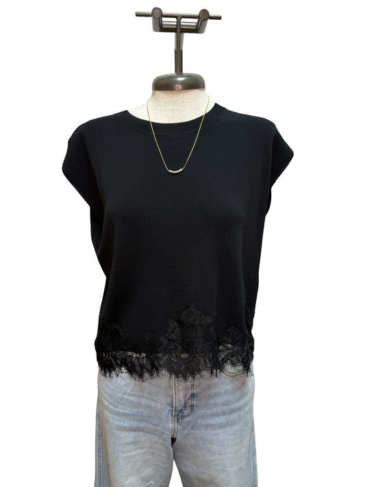 Cap Sleeve Knit Lace Trim Hem Top Black